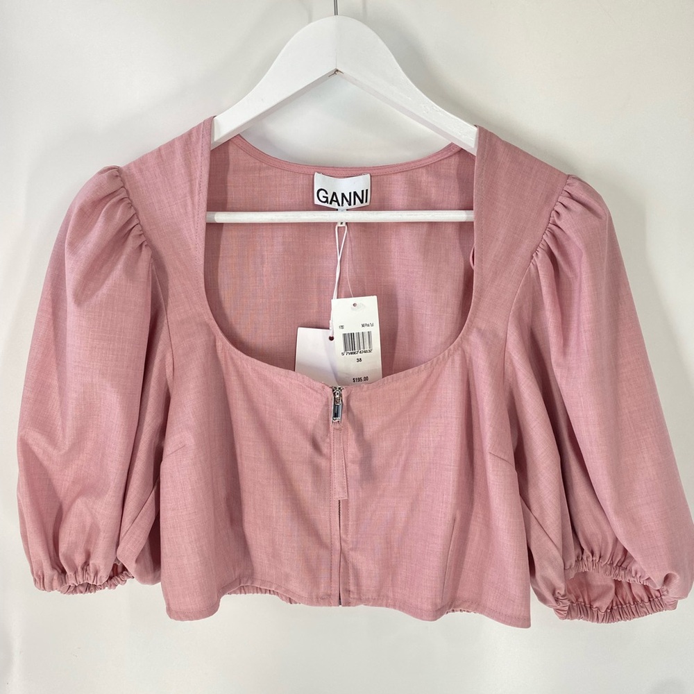 Ganni Drapey Melange Cropped Blouse Pink Tulle SZ 38 US 6 NWT Puff Sleeve